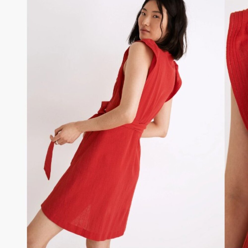 MADEWELL Red Mini Dress Ruffle-Sleeve Wrap 100% Cotton - Picture 6 of 14
